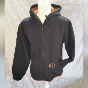 Harley Davidson Black Hooded Zip Up Fleece Jacket Shoulder Elbow Pad Pocket